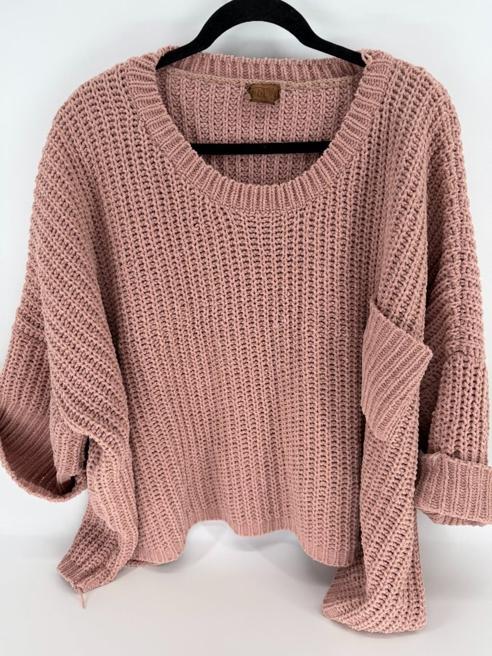 POL Women's Pink Chunky Knit Oversized Scoop Neck 3/4 Sleeve Pocket Sweater